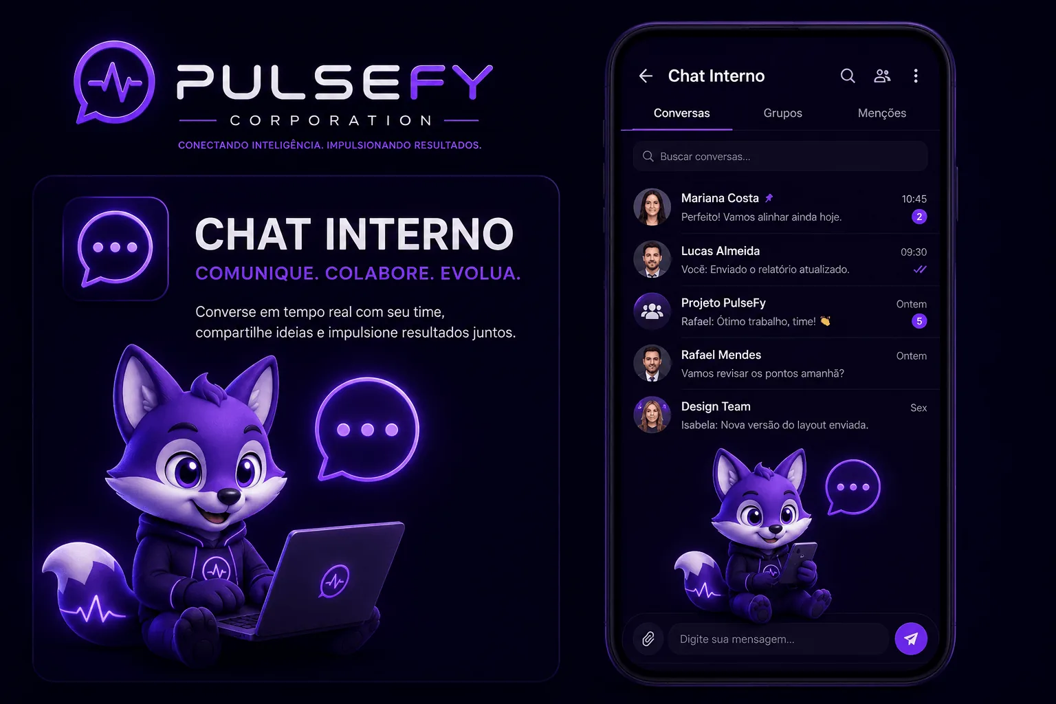 Chat corporativo da Pulsefy com canais, mensagens em tempo real e IA integrada