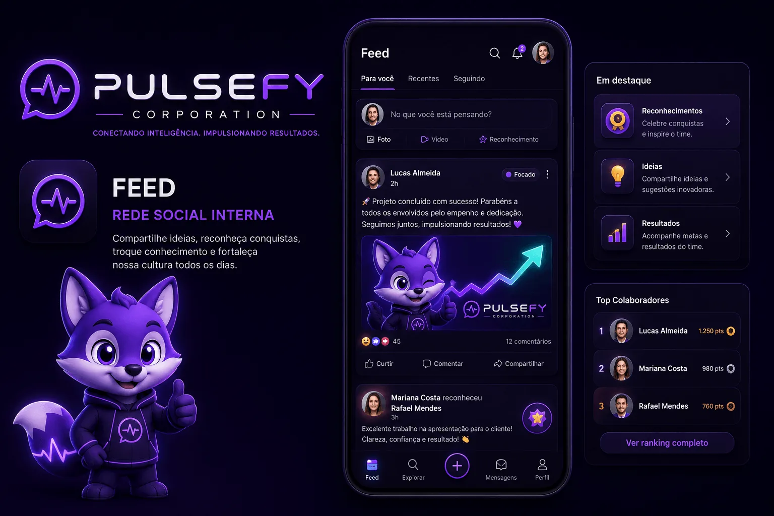 Rede social corporativa da Pulsefy com feed, posts e interações